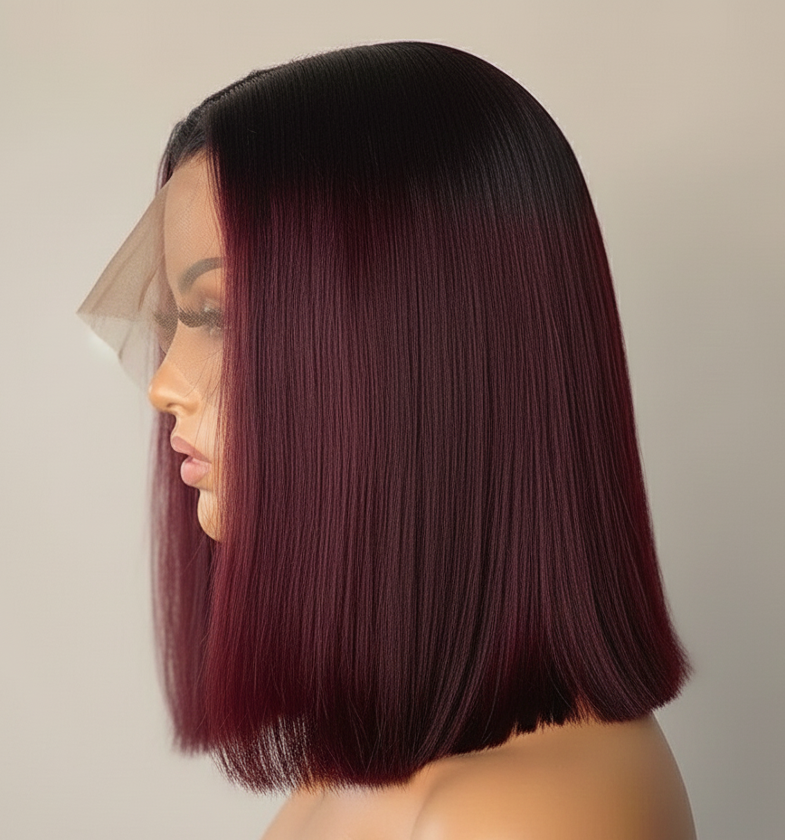 Perruque bob droite en cheveux humains, Full HD lace suisse, couleur Wine Red